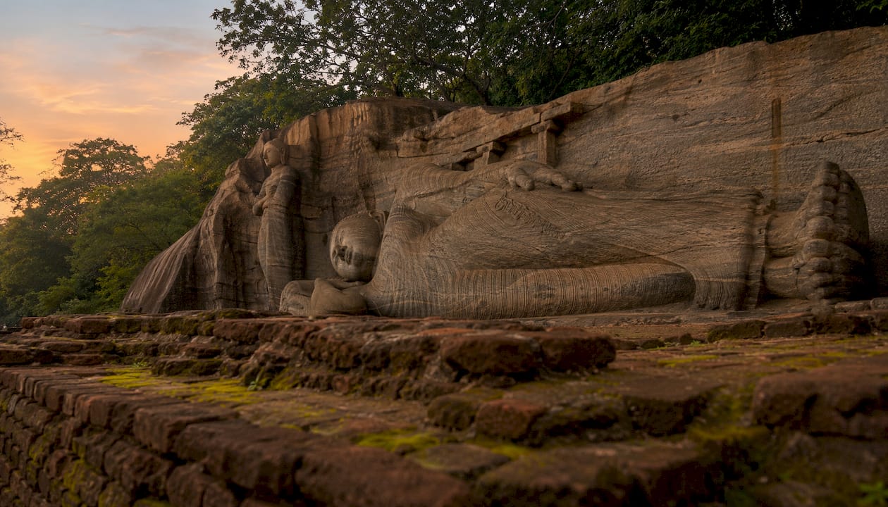 Gal Vihara reclining Buddha sculpture outdoors