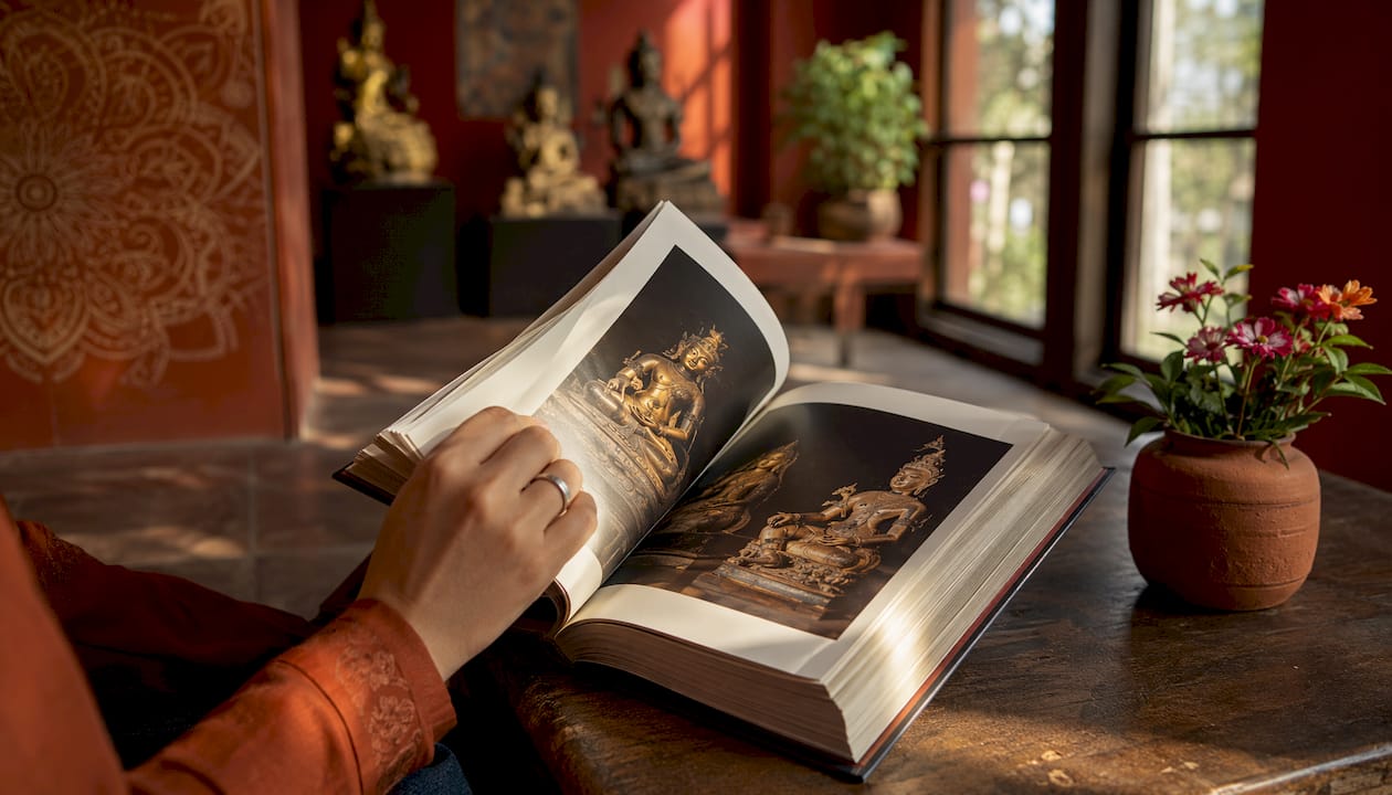 Hand browsing Asian Buddhist statue auction catalog