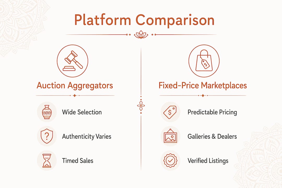 Infographic comparing auction aggregators and fixed-price marketplaces