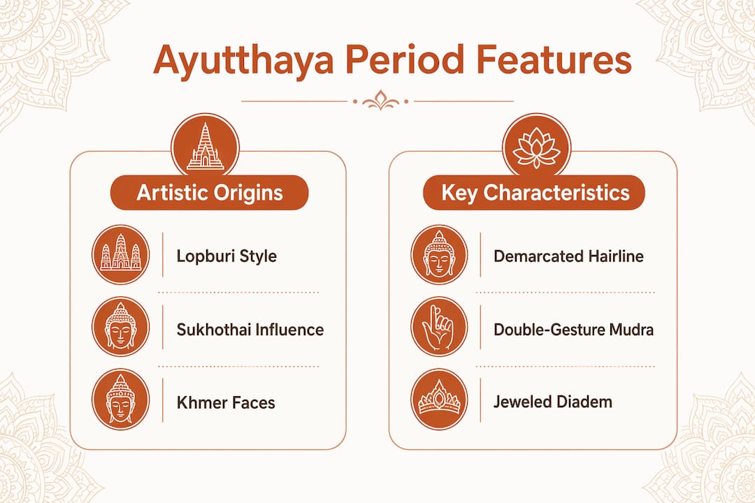 Infographic displaying key artistic features of Ayutthaya period bronzes