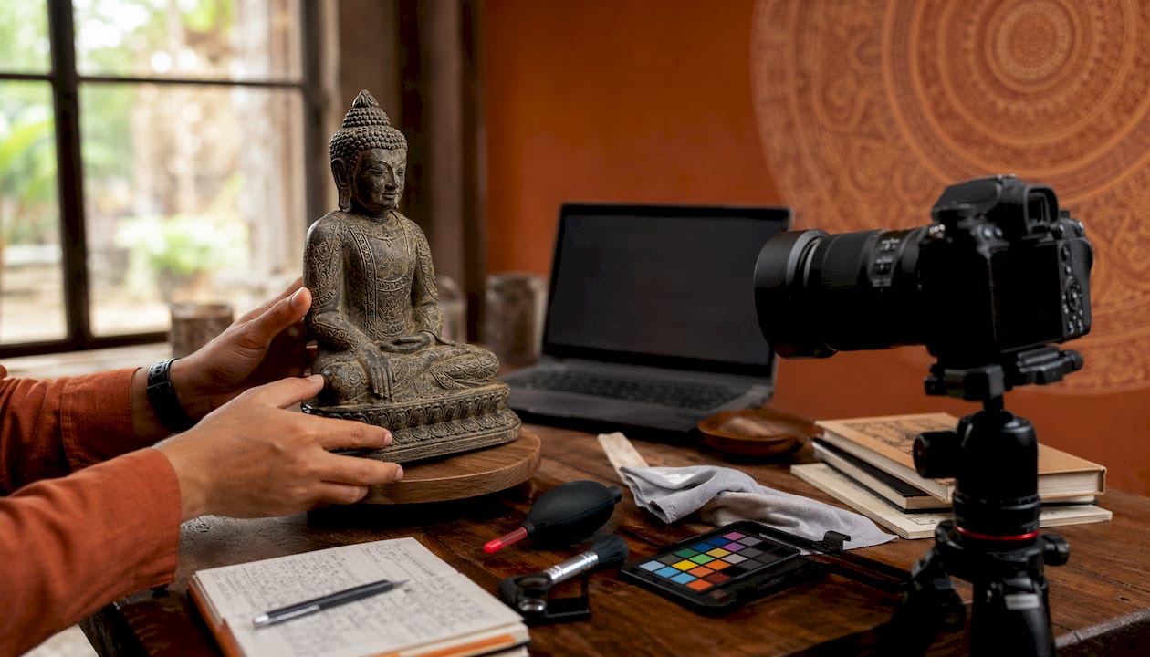Close-up photography setup for Asian sculpture