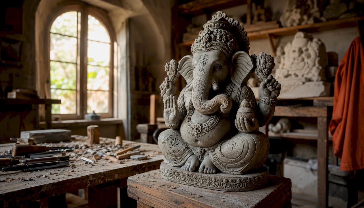 Reclining Ganesha statue in artisan workshop