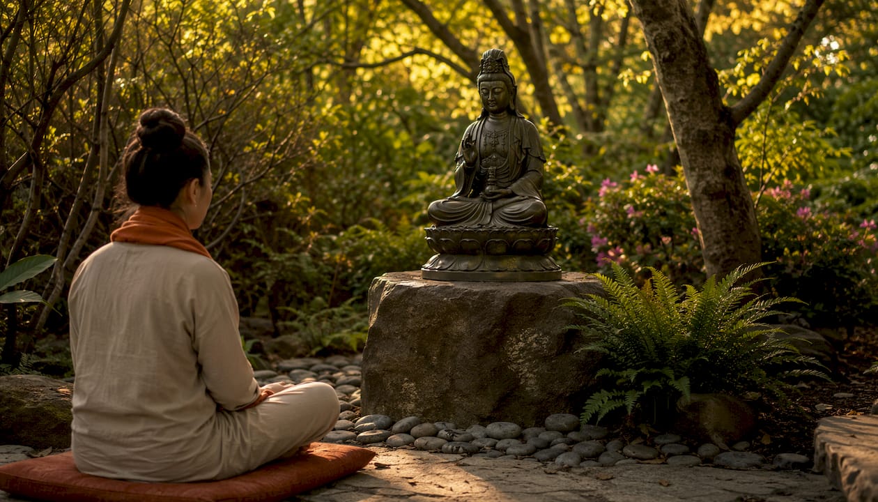 Hands in meditation with bronze Kwan Yin statue