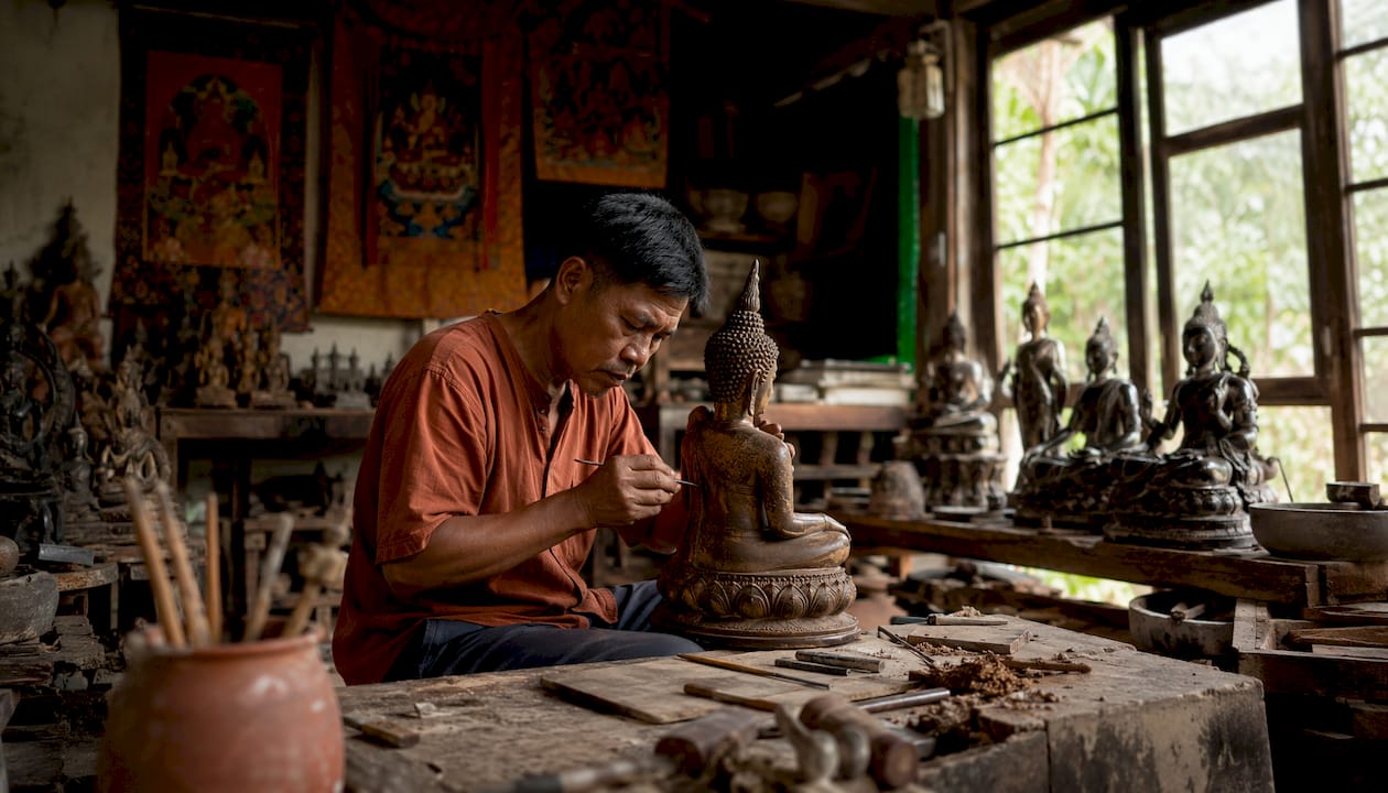 Artisan working on lost-wax Buddhist bronze details