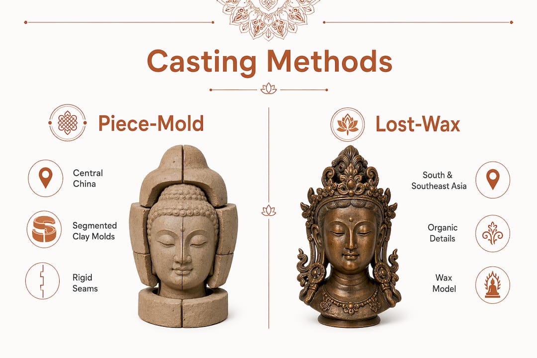 Infographic comparing piece-mold and lost-wax bronze casting methods