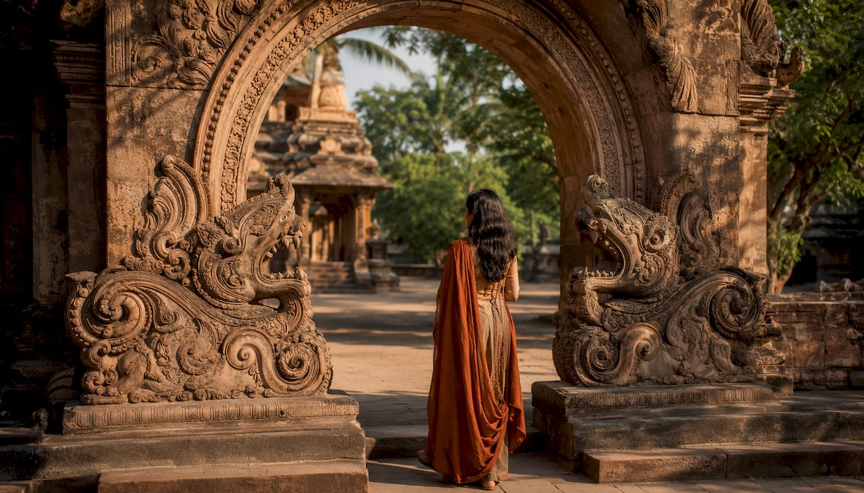 Temple entrance arch with makara carvings