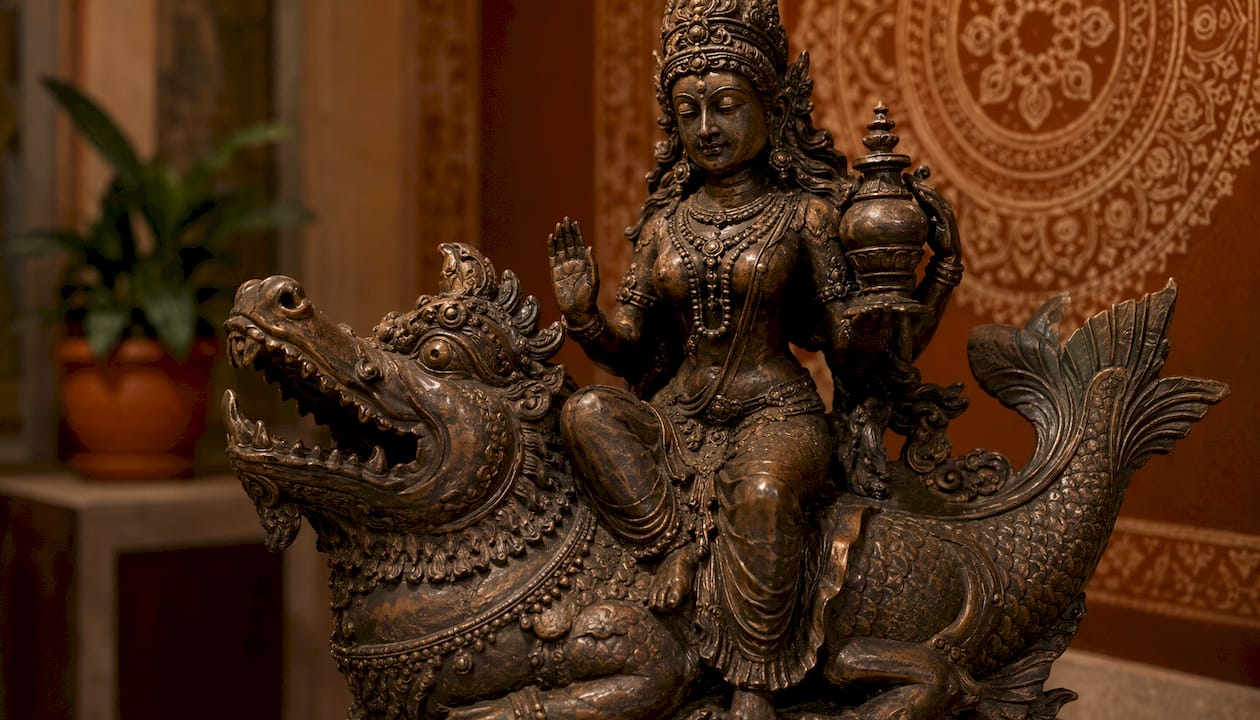 Goddess riding makara bronze statue in gallery