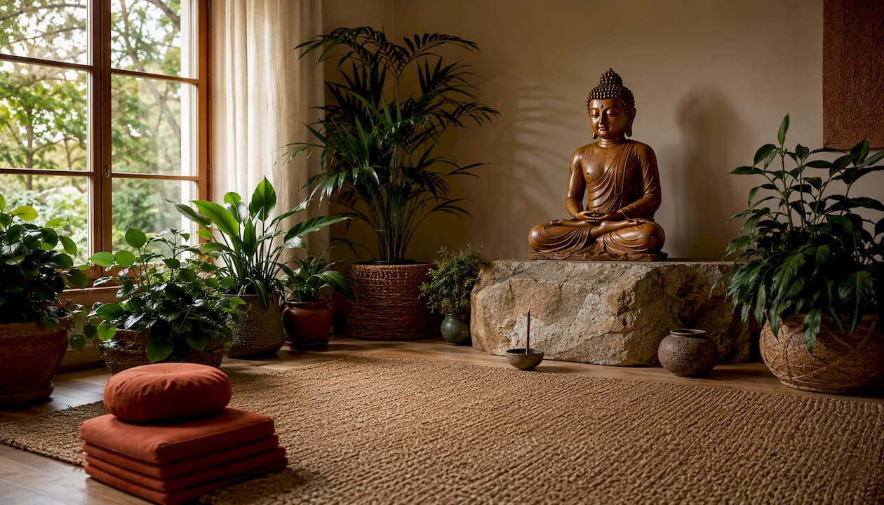 Buddha sculpture placed in meditation room