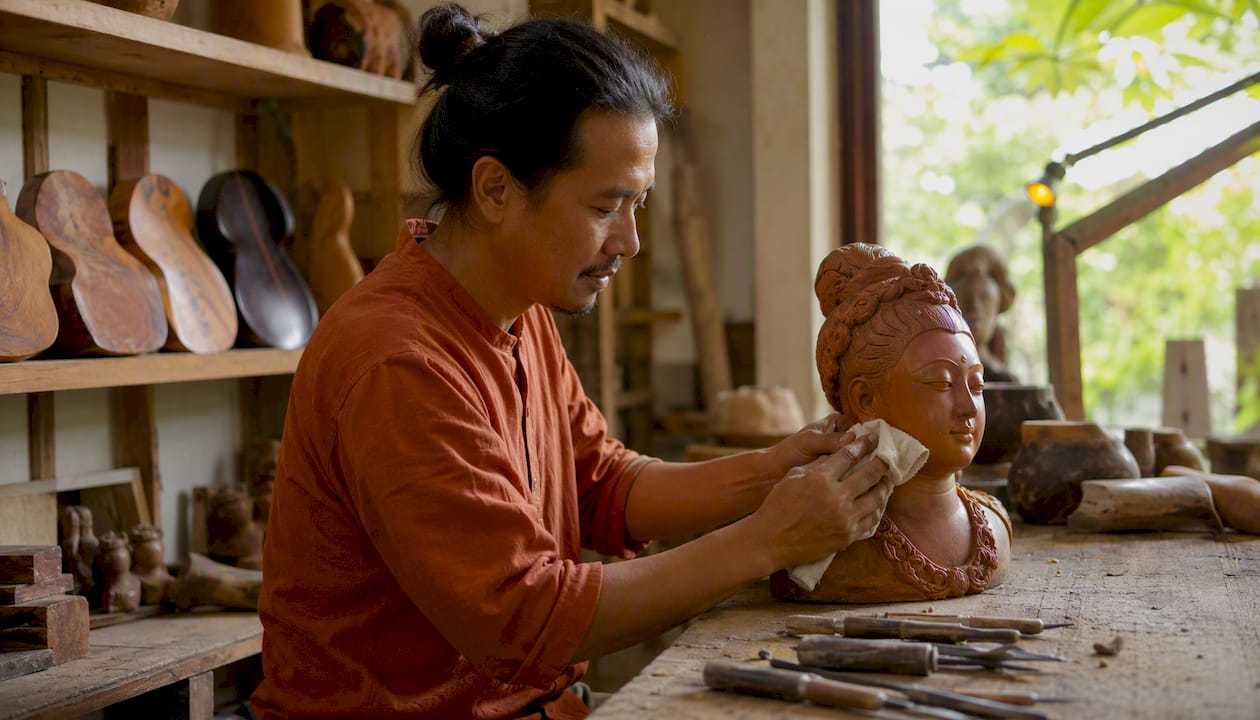 Close-up artisan hands finishing wooden sculpture