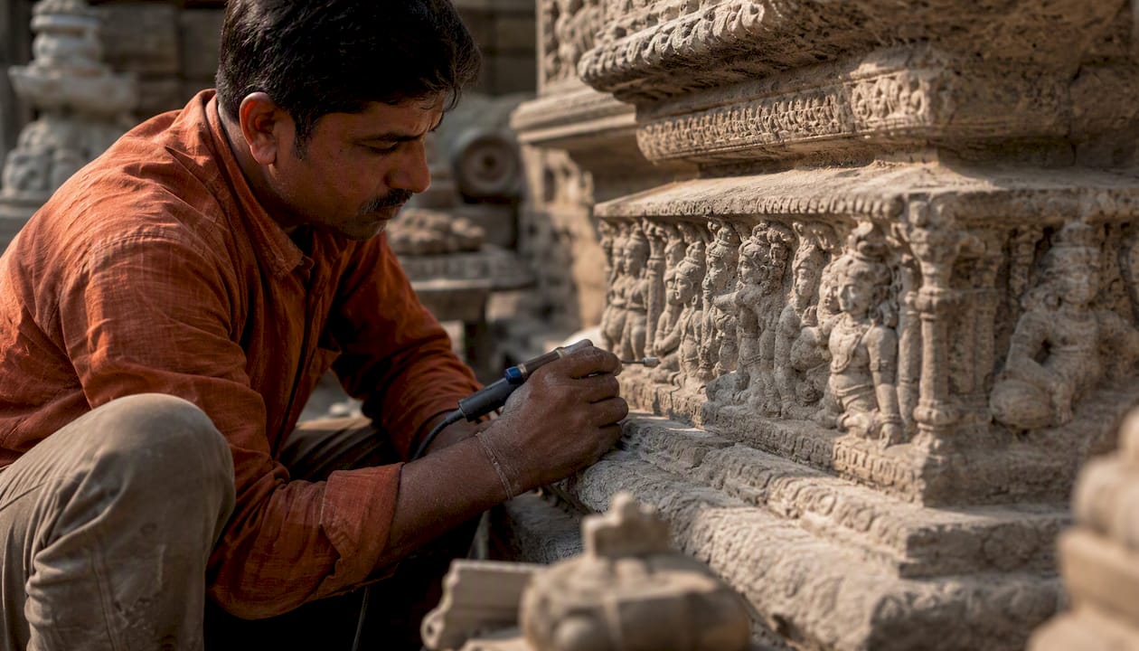 Artisan carving sandstone temple sculpture