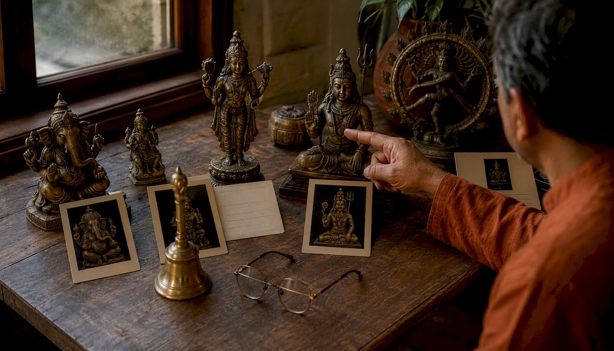 Close-up of Hindu deity statues and identification materials
