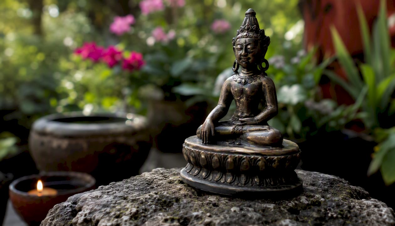Small Sri Lankan bronze votive figure with ritual props
