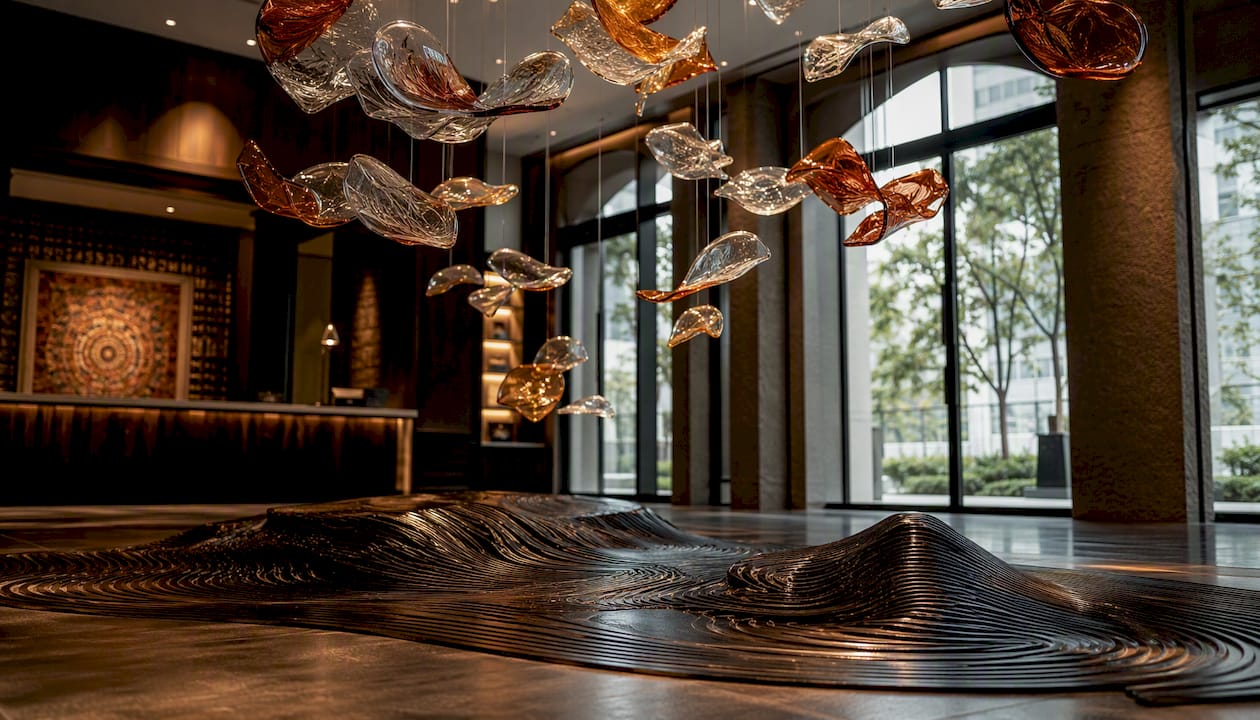 Suspended glass and floor black-lacquer sculptures in hotel lobby