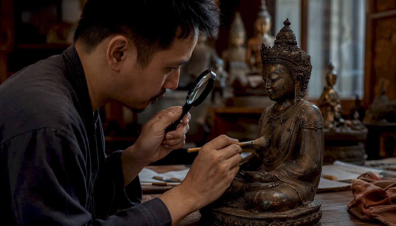 Conservator examining antique bronze statue
