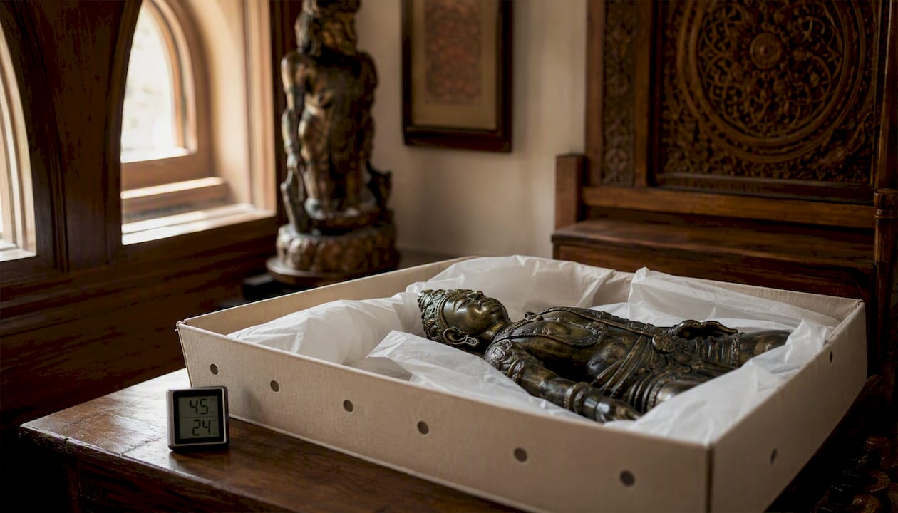 Wrapped bronze statue with hygrometer in dry storage