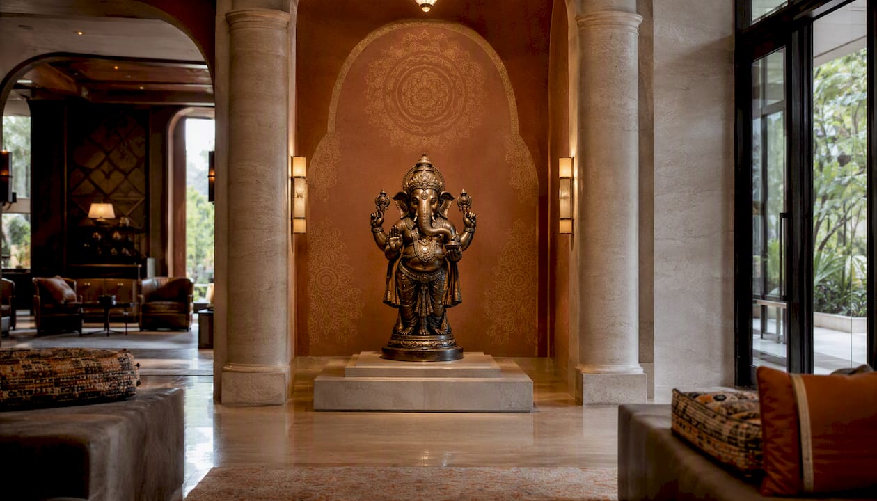 Lobby with prominently placed antique bronze Vishnu statue