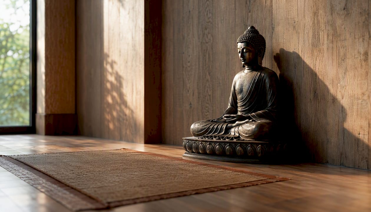 Minimalist meditation corner with bronze Buddha statue