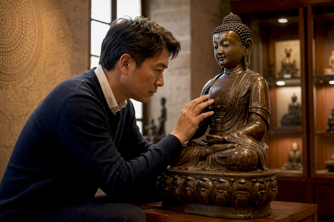 Collector’s hand examining bronze Buddha base
