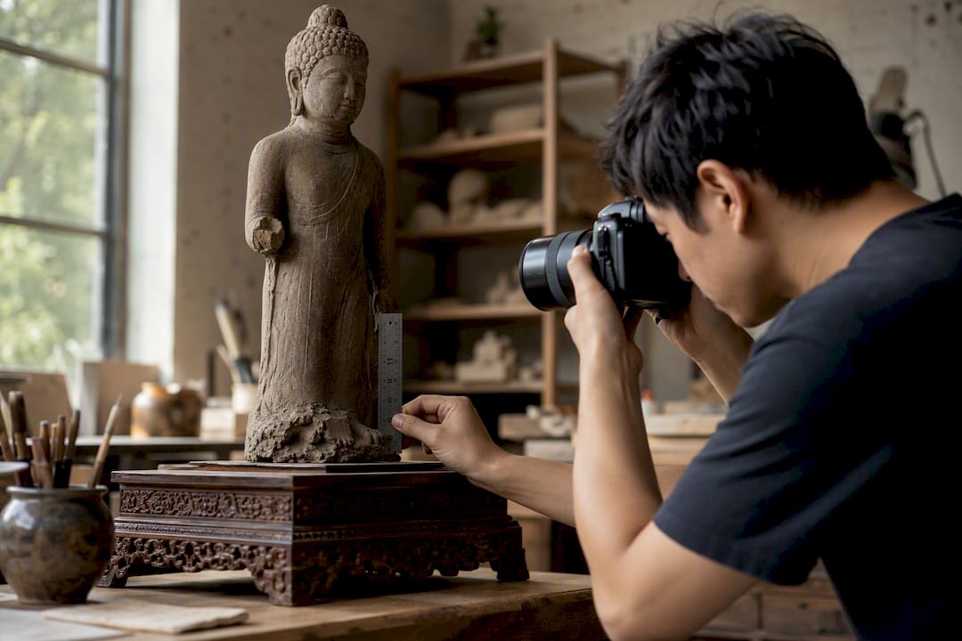 Photographing statue with scale for insurance