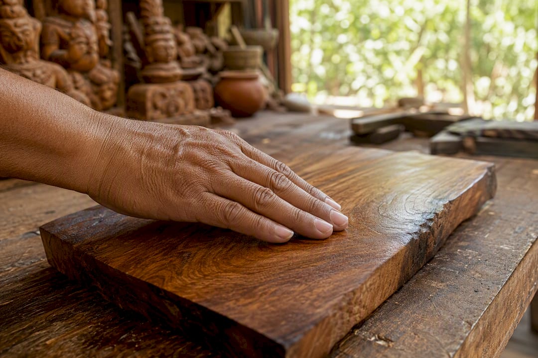 Hand rubbing teak wood oily surface