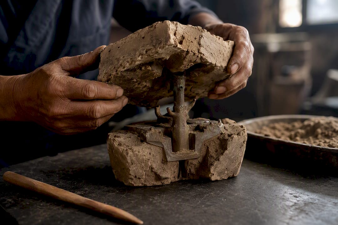 Clay mold and bronze casting sprue detail