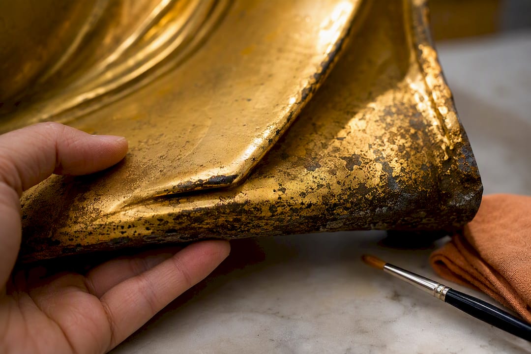 Uneven fire gilding on statue detail