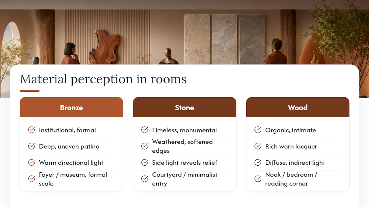 Comparison of sculpture materials and room settings