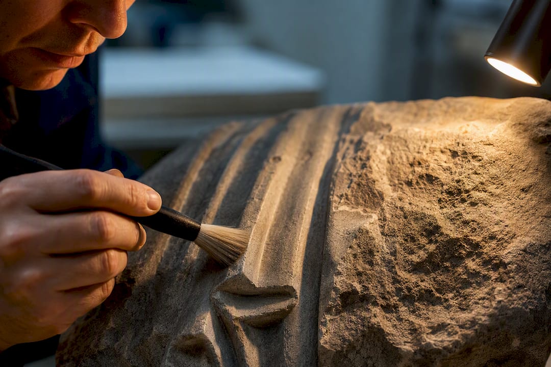 Stone drapery edge showing uneven surface wear
