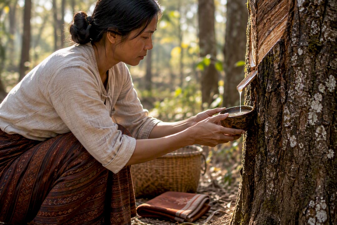 Worker collecting thitsi tree sap