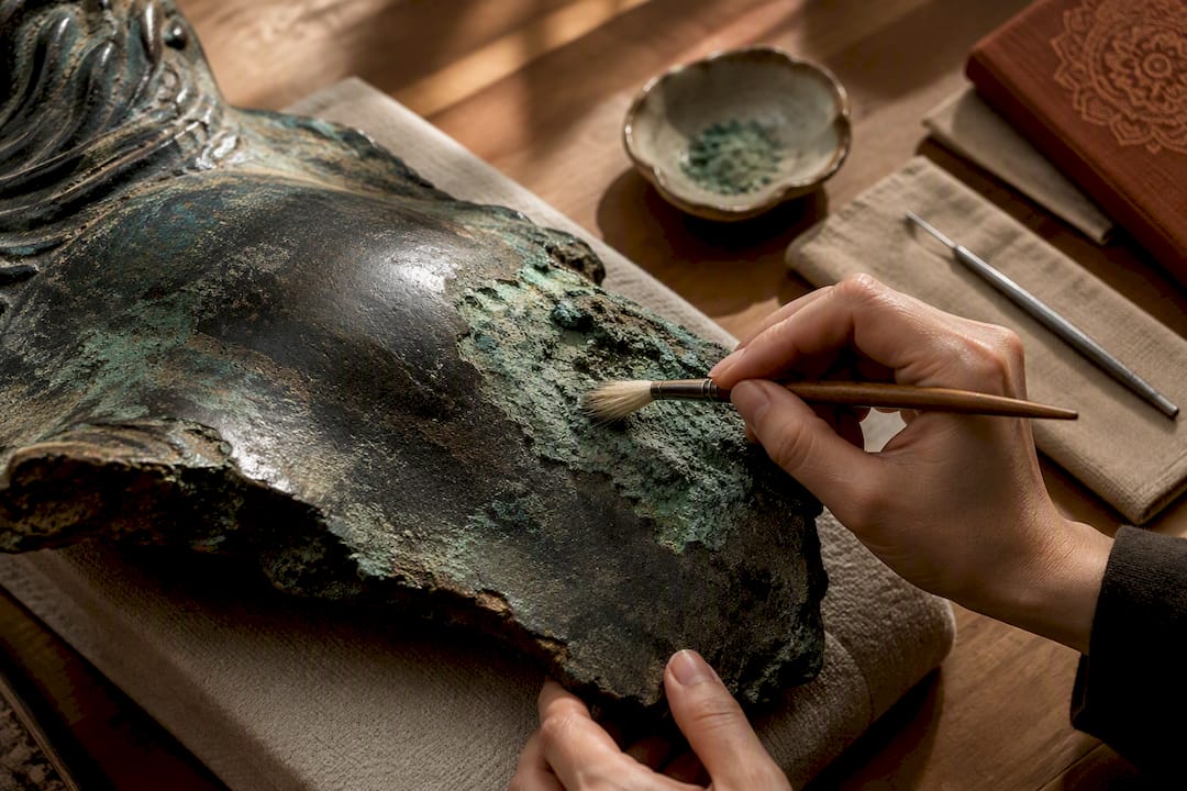 Active corrosion on bronze sculpture fragment