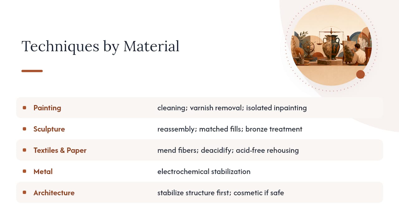 Conservation techniques across five material categories