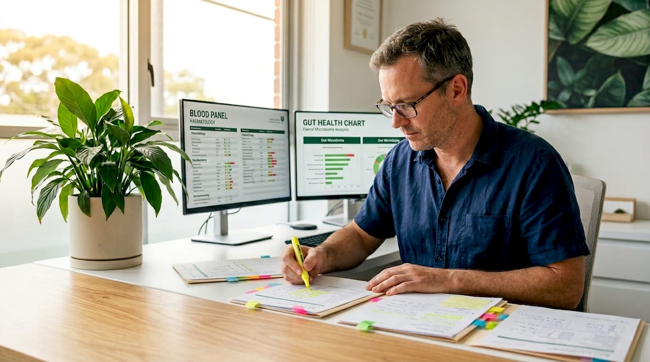 Doctor analyzing lab results in office
