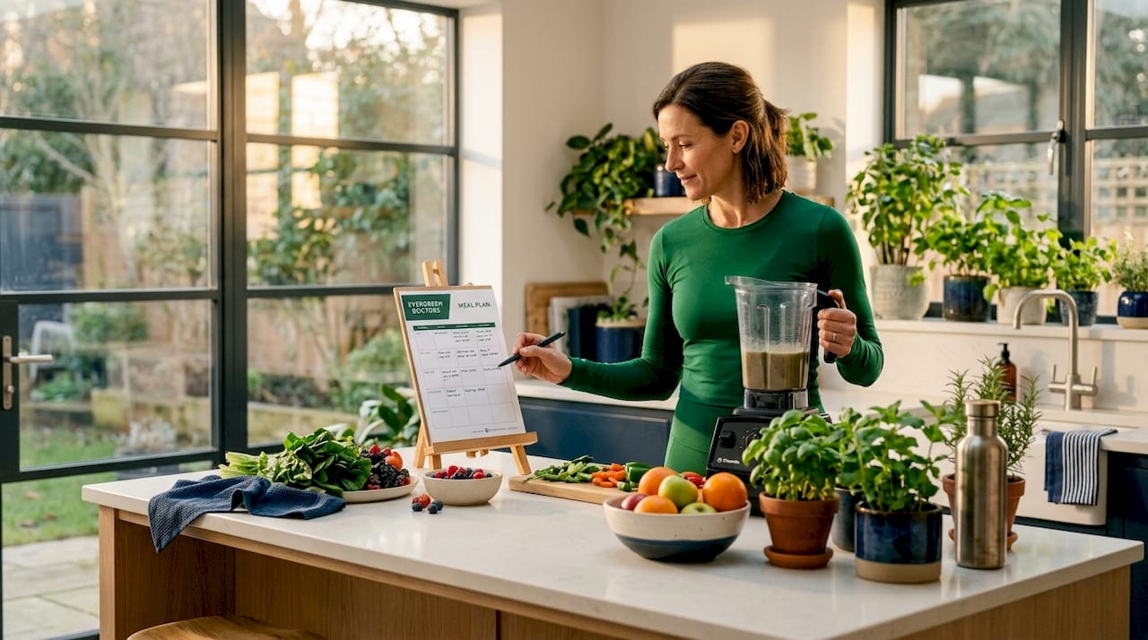 Woman reviews meal plan in home kitchen