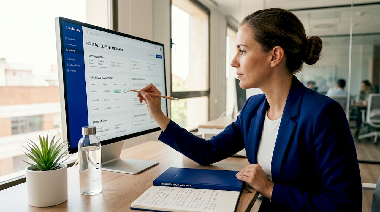 Especialista gestionando el CRM de un cliente desde su oficina moderna