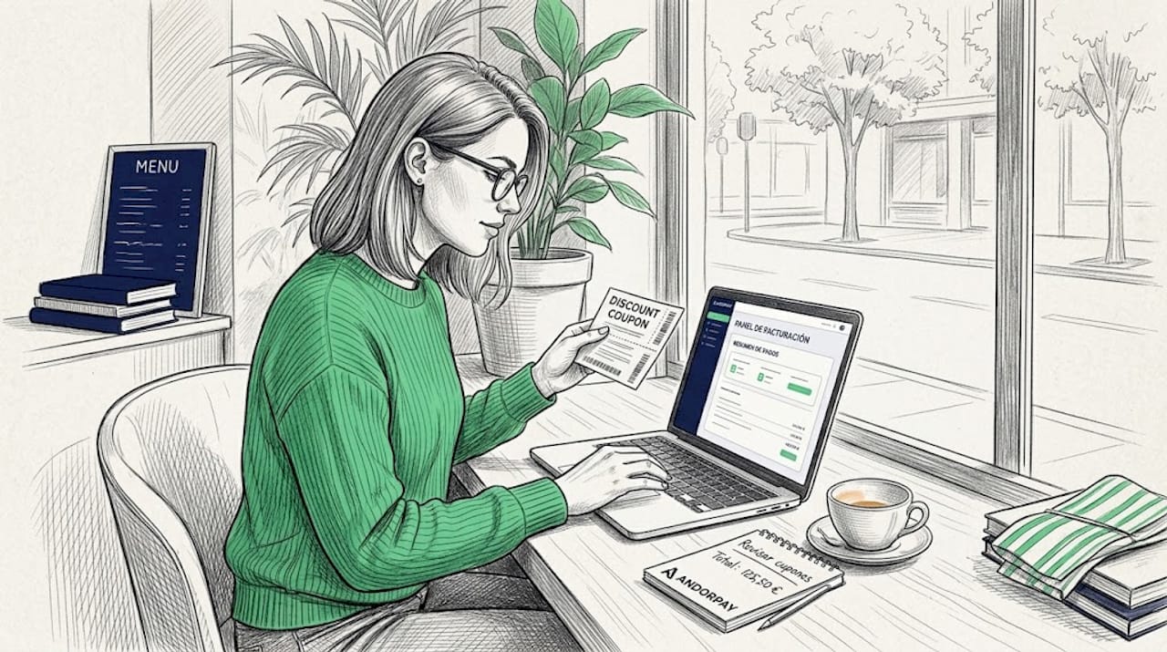 Una mujer sentada en su escritorio revisa la configuración de los cupones.