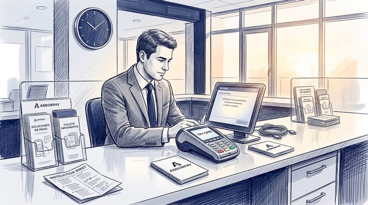 Trabajador instalando un terminal de pago en un banco de Andorra