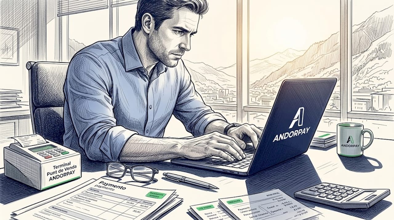 Empresario andorrano supervisando sus transacciones digitales desde la oficina