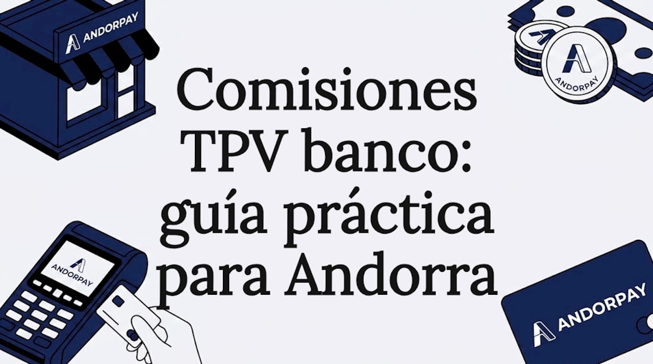Tarjeta ilustrada con un TPV, varias tarjetas y elementos de tienda rodeando el título