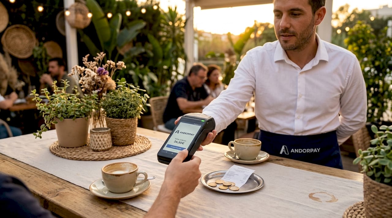Un camarero pasa la tarjeta de un cliente en el datáfono de una cafetería