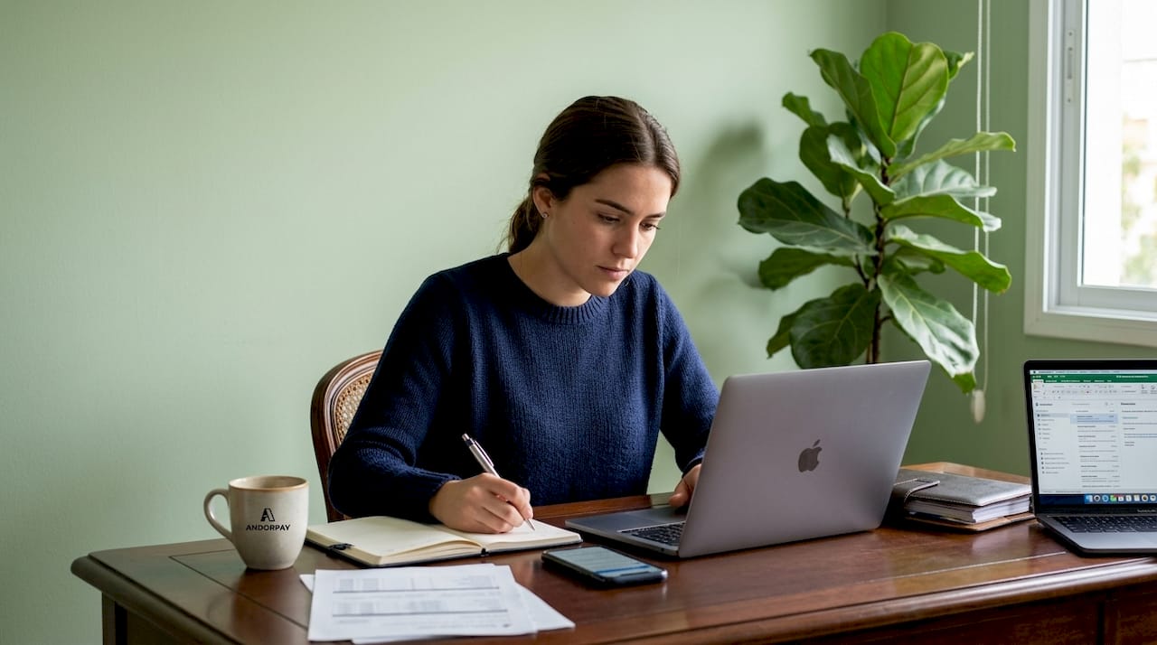 Mujer gestionando pagos digitales desde su oficina en casa