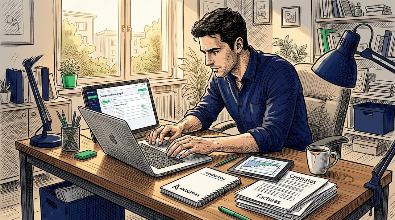Empresario configurando un sistema de pagos desde su despacho en casa.