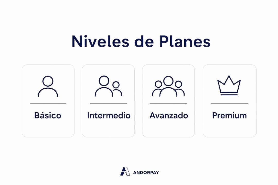 Infografía que presenta las diferentes categorías de planes, organizadas de menor a mayor nivel.