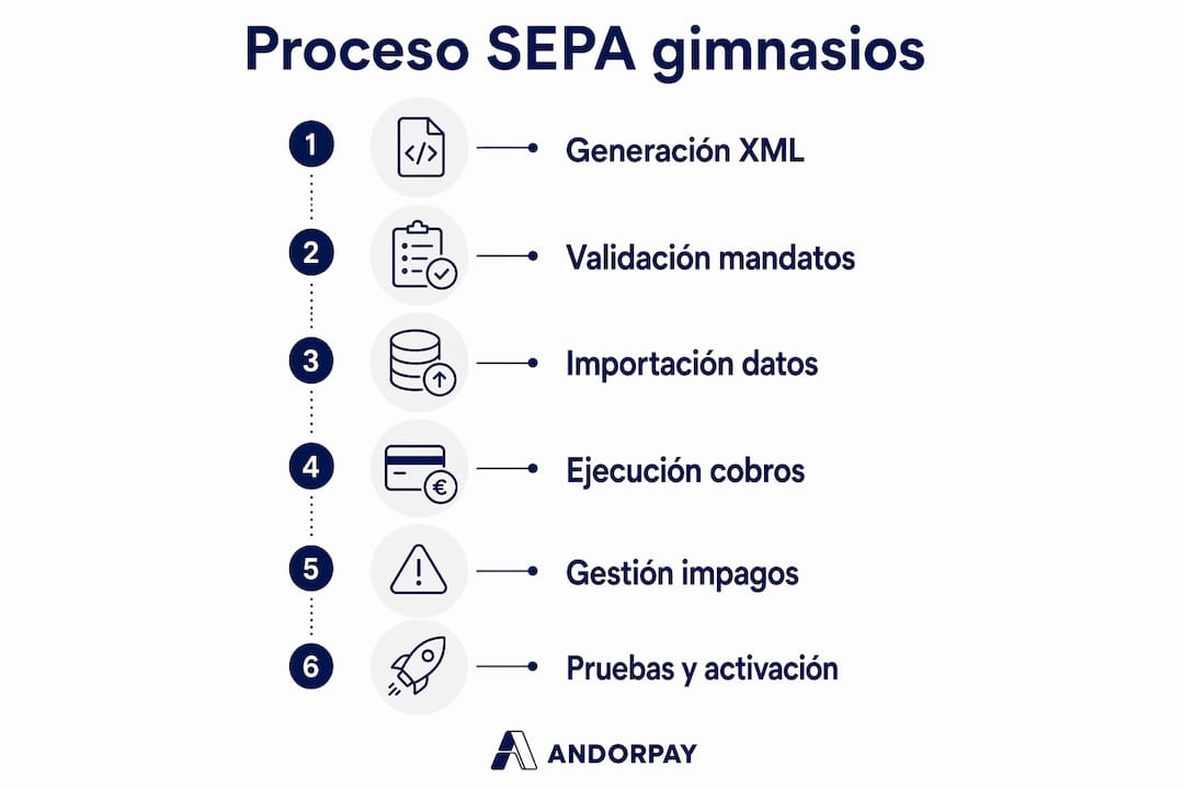 Infografía con los pasos clave del proceso SEPA para gestionar pagos en gimnasios