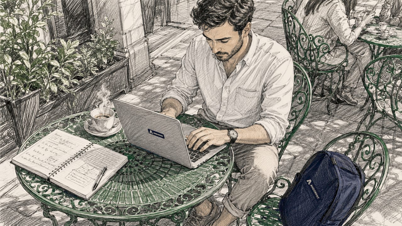 Emprendedor gestionando pagos online desde un espacio de coworking