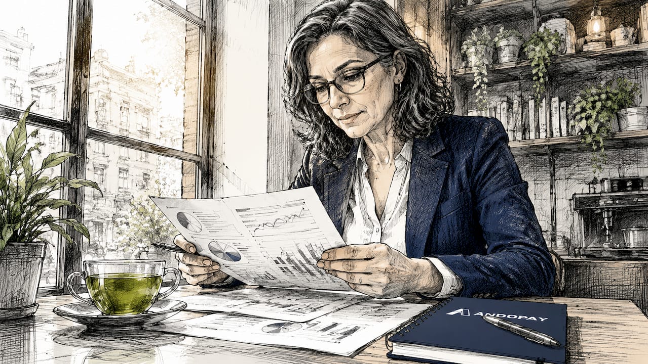 Especialista analizando informes financieros en su despacho