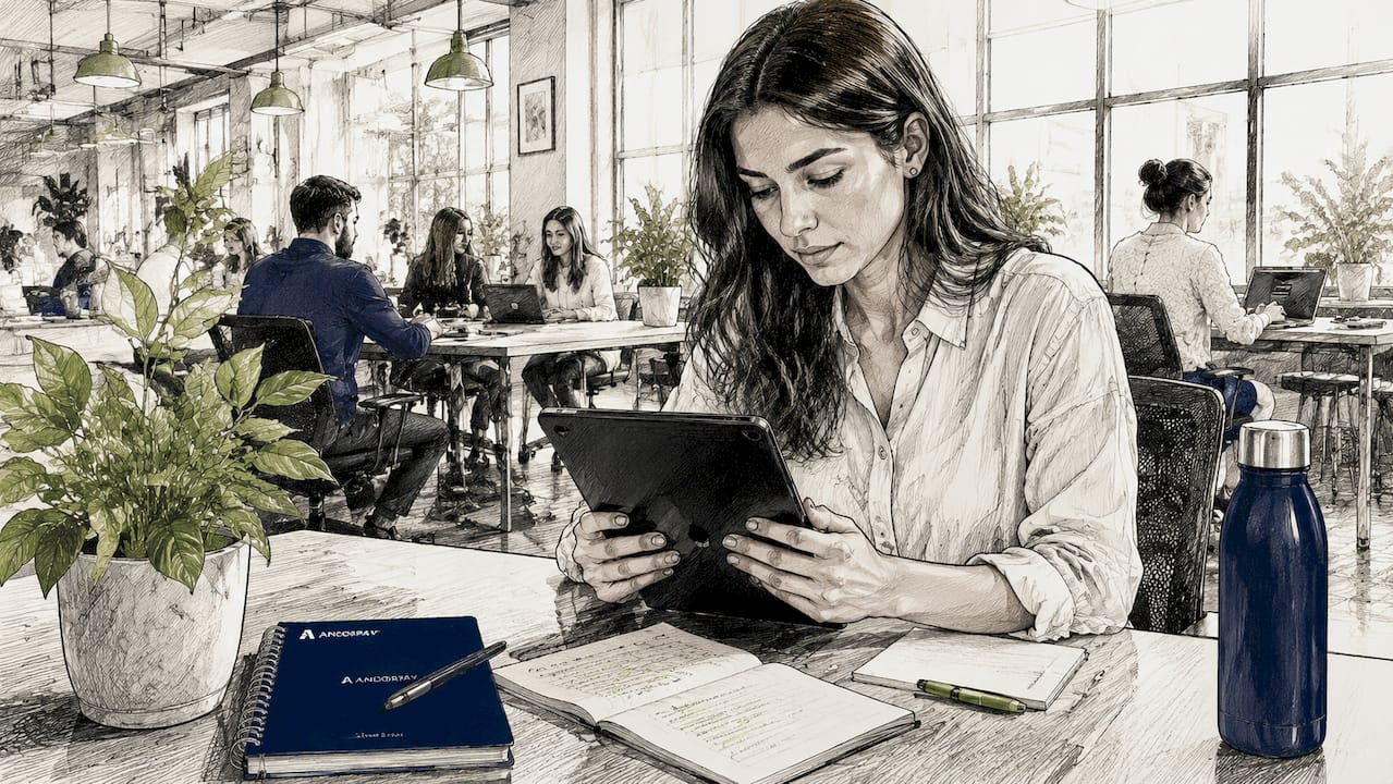 Profesional analizando una plataforma SaaS desde su tablet en el trabajo