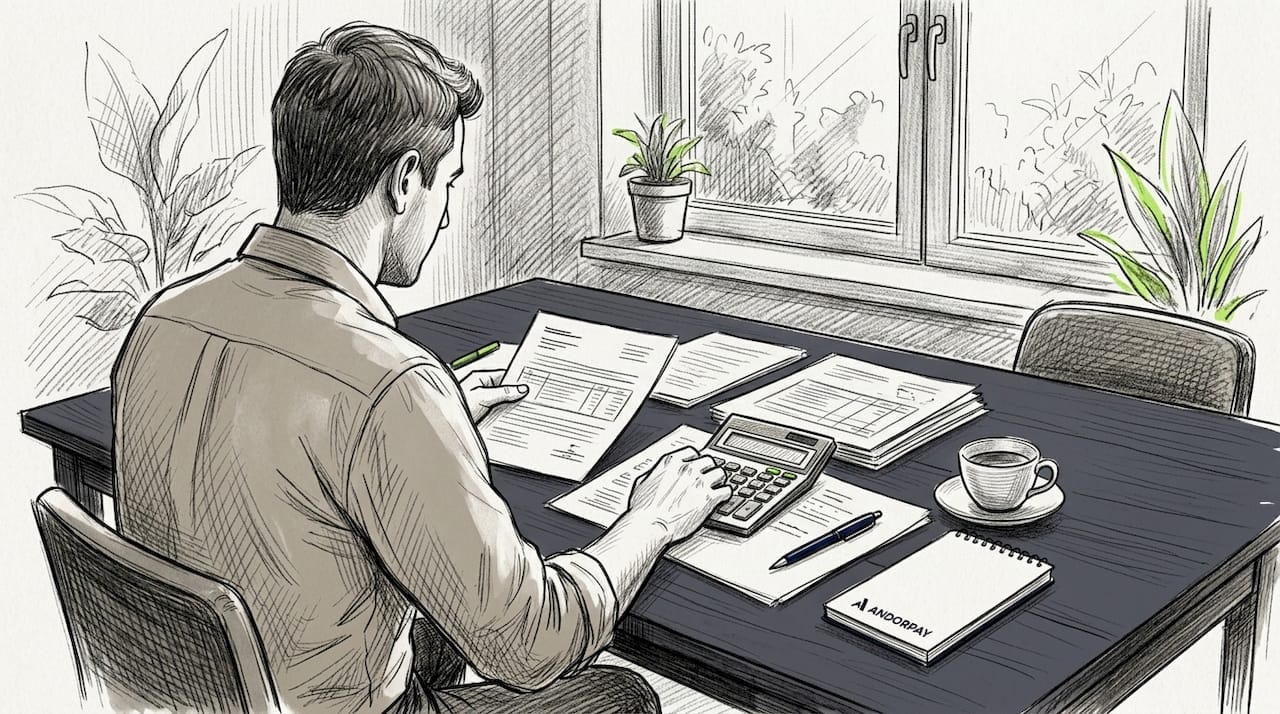 Dueño de una pequeña empresa analizando sus cuentas y controlando el flujo de efectivo