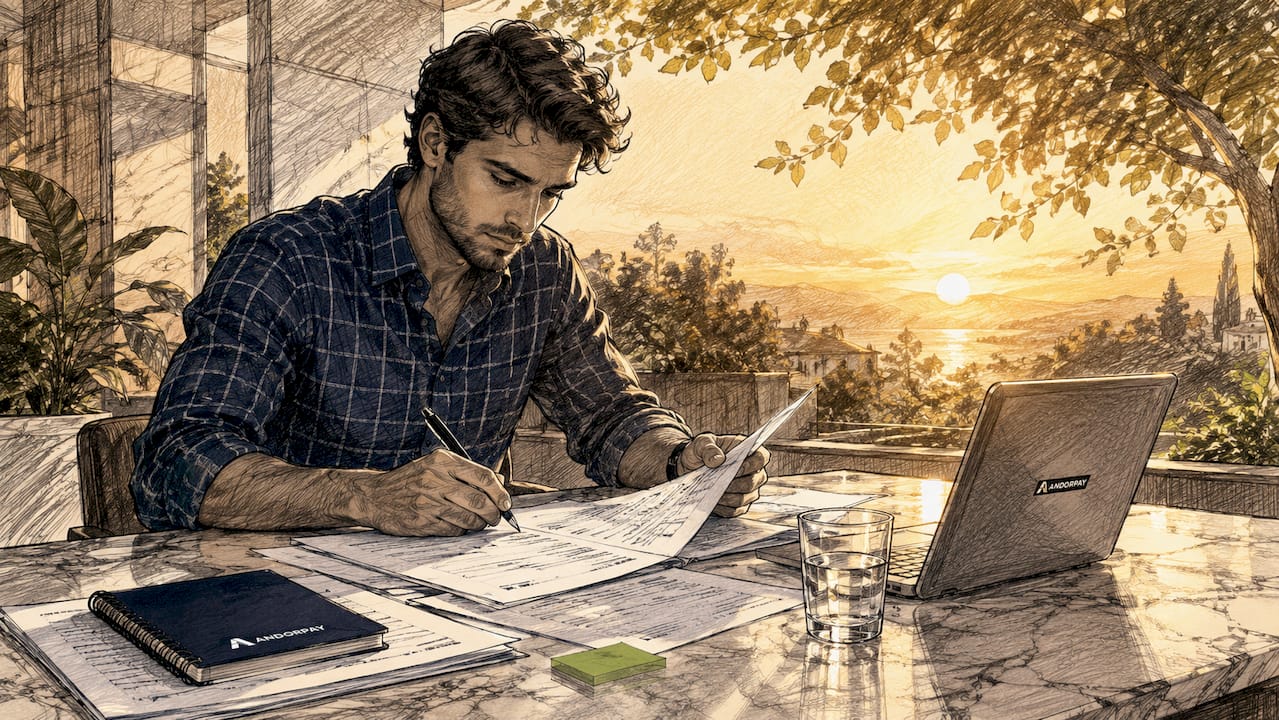 Emprendedor revisando la documentación de su sociedad en la oficina de casa