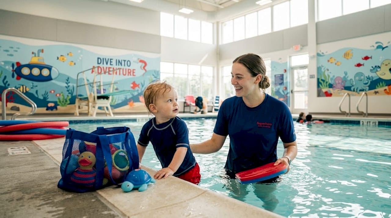 Toddler learning to swim with instructor present