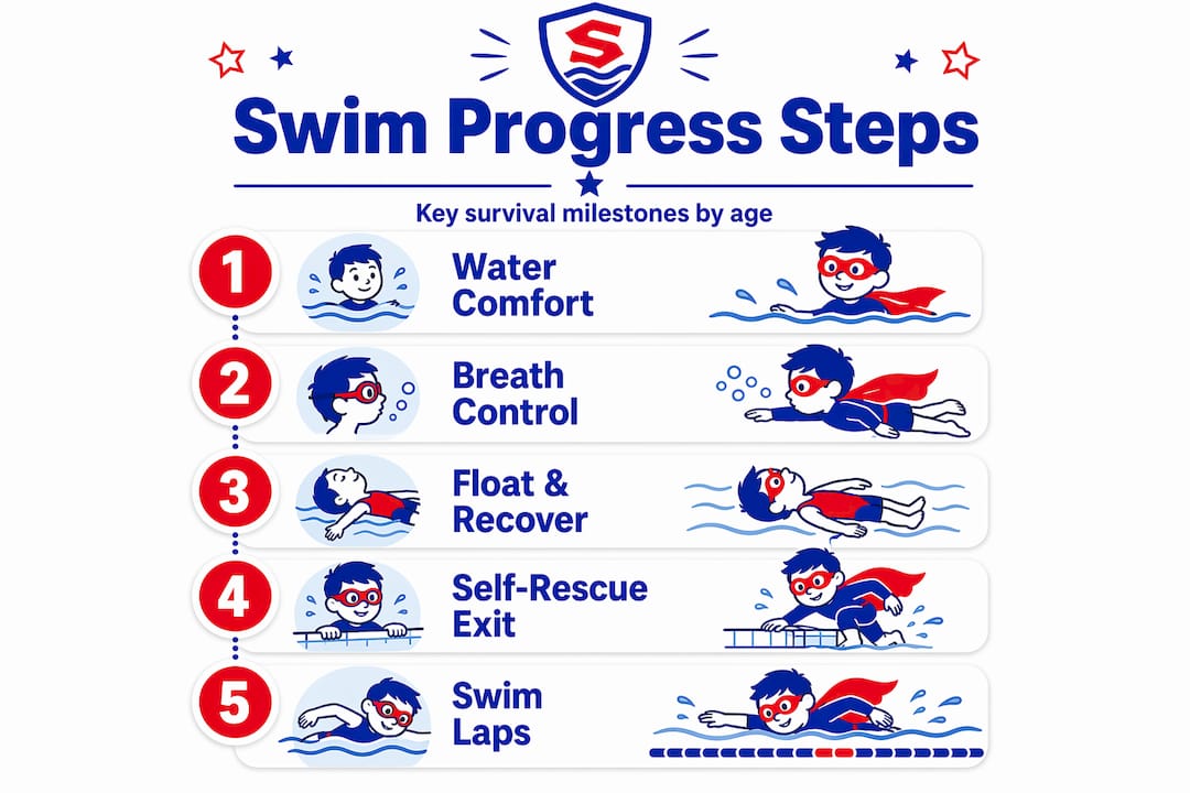 Infographic showing survival swim lesson milestones